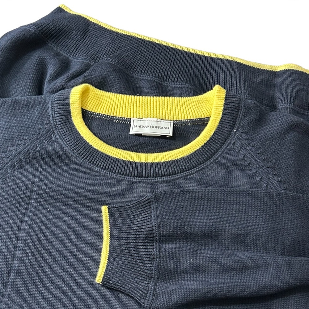 NWOT Maus & Hoffman Dorset Pima Cotton Crew Neck Sweater Navy @ pastel Yellow Lg